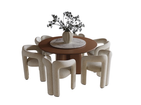 现代餐桌椅组合 餐椅 圆形餐桌 植物摆件su模型