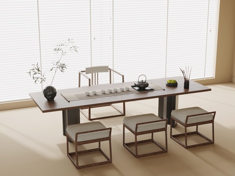 新中式茶桌椅 茶台 茶具su模型