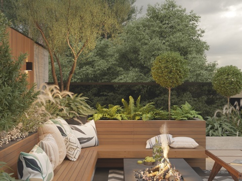  现代庭院花园景观 露台景观 休闲转角卡座 花池植物组团 户外3d模型 