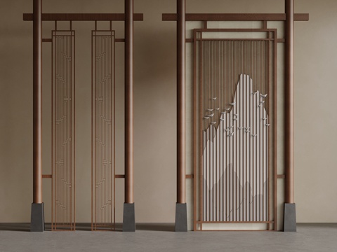 新中式屏风隔断 花格su模型