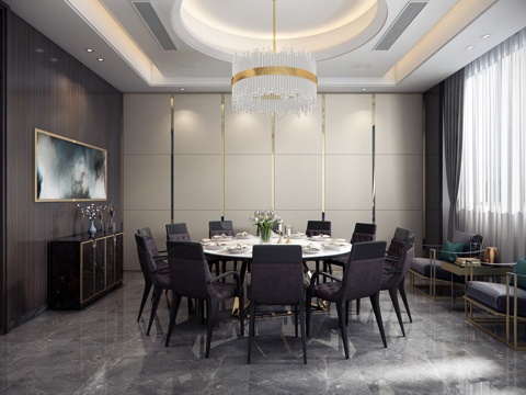  现代餐厅包房 圆餐桌 单椅 吊灯3d模型 