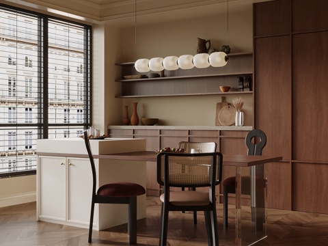 中古风餐厅餐桌椅岛台su模型