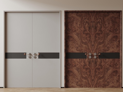 现代极简双开门 中古风双开门 卧室平开门 入户大门 防盗门su模型