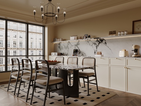 中古风餐厅 餐边柜 餐桌椅su模型