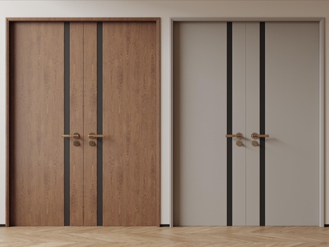 现代极简双开门 中古风双开门 卧室平开门 入户大门 防盗门su模型