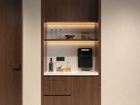 现代中古茶水柜 意式木纹餐边柜 禅意备餐柜酒柜 宋氏酒柜过道su模型