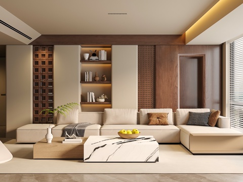 中古侘寂风客厅 沙发茶几组合 绿植 饰品摆件 台灯  背景墙su模型