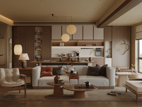 新中式禅意家居客厅 新中式宋式客厅 实木沙发茶几组合 休闲椅su模型