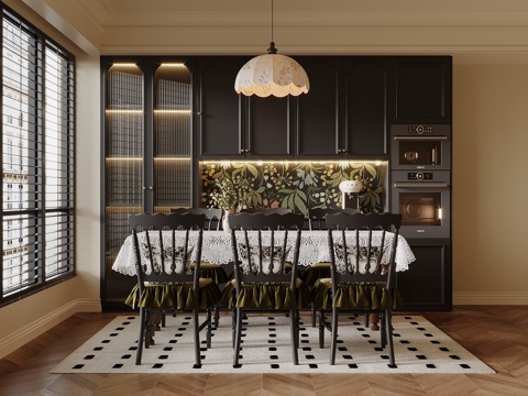 法式餐厅 餐桌椅 酒柜su模型