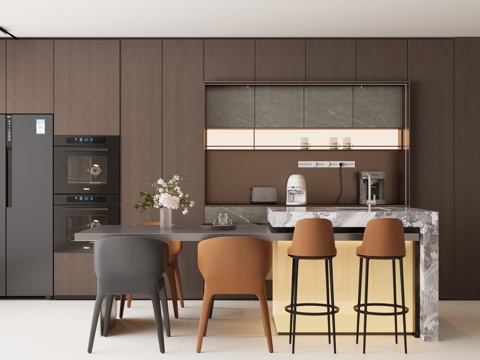 现代意式岛台餐厅 轻奢意式餐厅 开放式餐厅 岛台餐桌椅 餐椅su模型