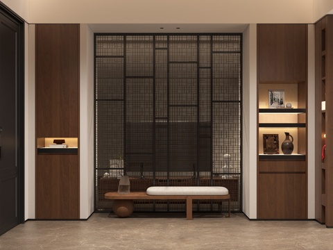 现代禅意入户门厅 宋氏禅意玄关门厅 新中式入户端景 中古风玄su模型