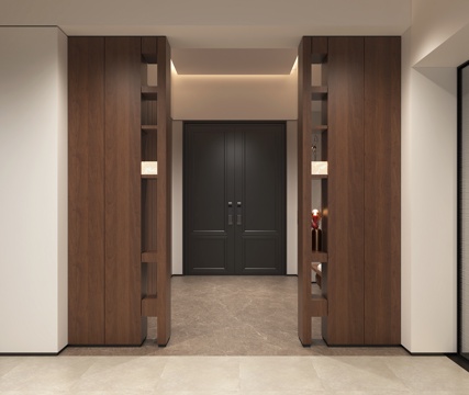 现代意式门厅垭口 中古入户玄关隔断 咖色木纹屏风隔断 双开防su模型