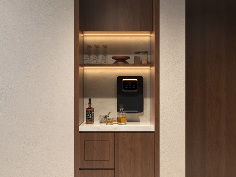 现代中古茶水柜 意式木纹餐边柜 禅意备餐柜酒柜 宋氏酒柜过道su模型