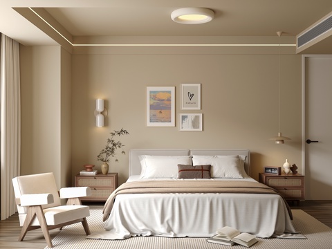 奶油侘寂风卧室 双人床组合 床头柜 吊灯 绿植饰品摆件 背景su模型