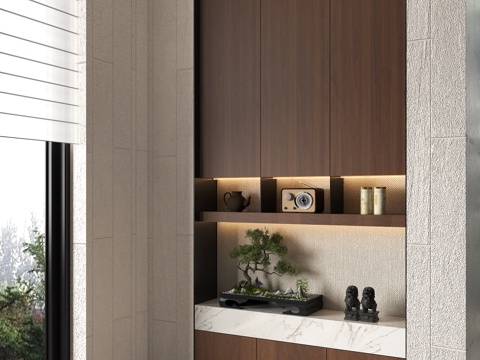 现代中古茶叶柜 禅意茶水展示柜 茶叶柜背景墙 新中式木纹木皮su模型