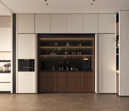 现代可隐藏式餐柜 现代简约餐边柜 意式极简酒柜西厨 电饭煲烤su模型