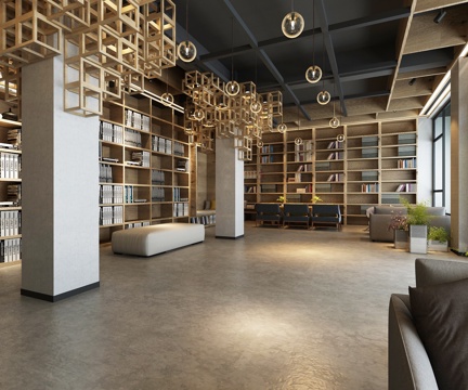  现代图书馆阅览室 吊灯 沙发 茶几 桌椅 书架 绿植3d模型 