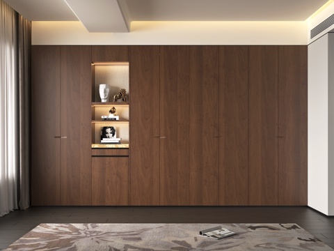 禅意中古衣柜组合 红木纹拼纹衣柜 新中式宋氏衣柜 书籍饰品摆su模型