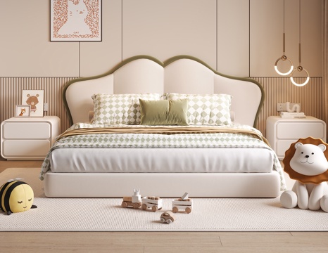 现代儿童床 床头柜 装饰画 地毯 玩偶su模型