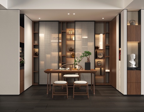 禅意新中式茶室 宋氏中式茶室书房 新中式小茶桌椅 宋氏书柜博su模型