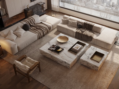 现代意式沙发组合 轻奢意式沙发组合 沙发茶几组合 多人沙发su模型