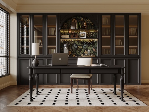 法式书房 书柜 书桌椅su模型