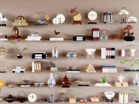 新中式宋式摆件组合 装饰品组合su模型