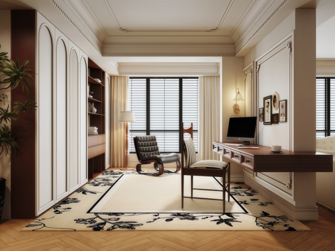 法式中古风书房 法式中古书柜 装饰画 书桌椅 沙发su模型