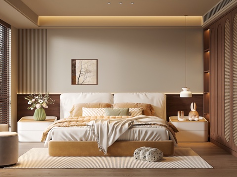 奶油侘寂风卧室 双人床组合 床头柜 吊灯 绿植饰品摆件 背景su模型