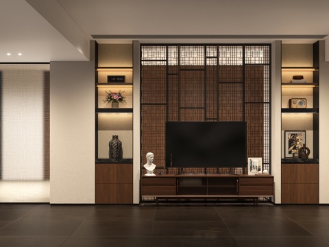 现代中古电视墙 禅意新中式电视墙 禅意壁龛摆件饰品 黑色仿古su模型