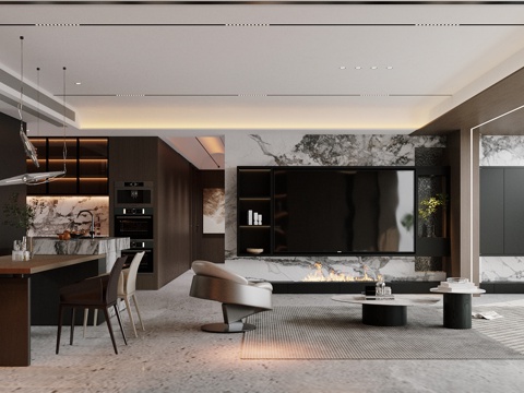 轻奢意式家居客餐厅 电视背景墙 客厅背景墙 意式客厅背景墙su模型