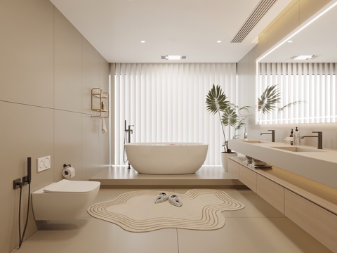 现代奶油风卫生间 浴室柜 马桶 浴缸su模型