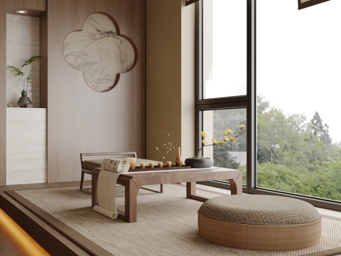 新中式禅意茶室 榻榻米茶室 宋式美学茶室 品茶区 榻榻米桌椅su模型