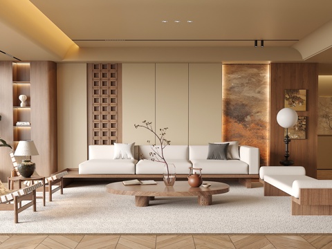 中古侘寂风客厅 沙发茶几组合 绿植 饰品摆件 台灯  背景墙su模型