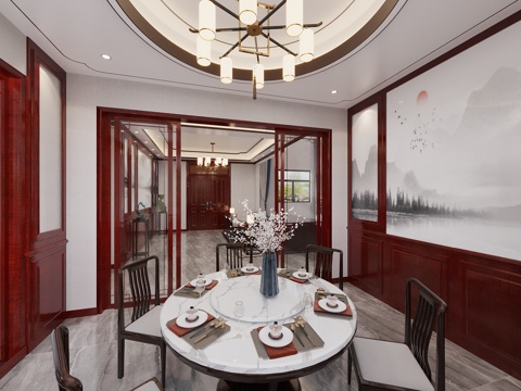  新中式餐厅3d模型 