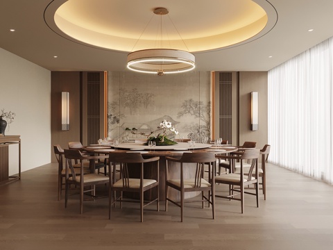 新中式酒店餐厅包厢 包间su模型