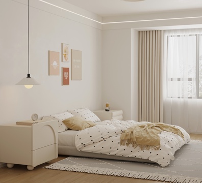 奶油风卧室 双人床su模型