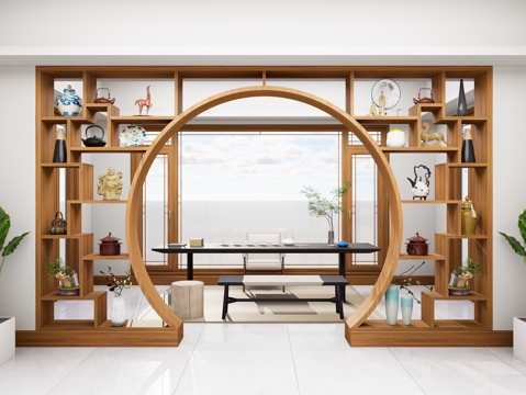 新中式博古架 中式月亮门博古架 多宝阁 古董装饰架 隔断装饰su模型