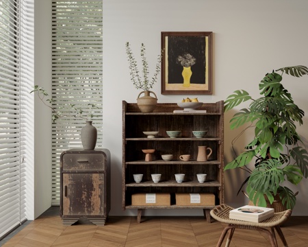 侘寂风老木头茶具摆件装饰柜su模型