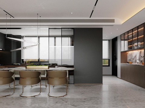 现代意式家居餐厅 轻奢意式餐厅 圆桌餐厅 岛台餐厅 餐桌椅su模型