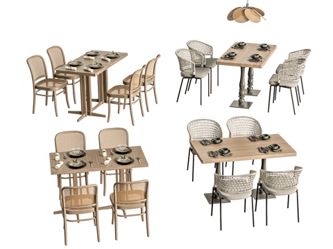 原木风餐桌椅 四人餐桌椅 餐厅餐桌椅 藤编座椅su模型