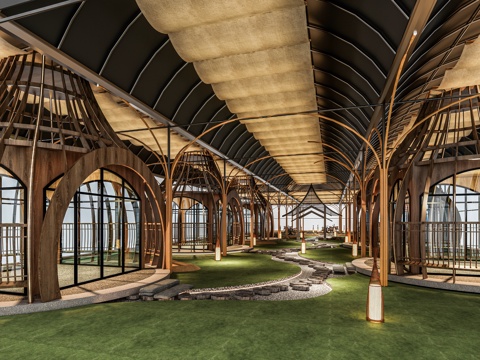 现代东南亚户外民宿 木结构框架餐厅 帐篷结构户外餐厅 木结构su模型