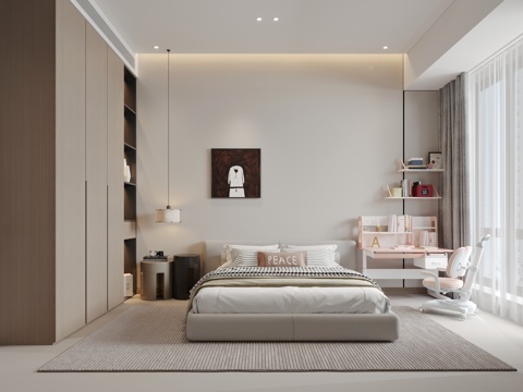 现代卧室 儿童房 双人床 衣柜 书桌椅su模型