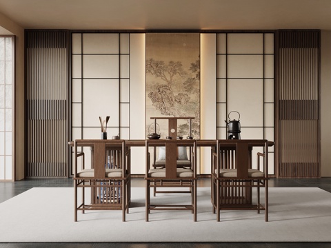 新中式茶室 茶桌椅 茶台 背景墙su模型