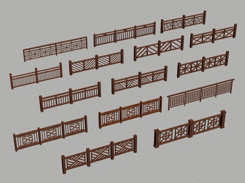 新中式景观围栏 中式栏杆 木护栏 篱笆栅栏su模型