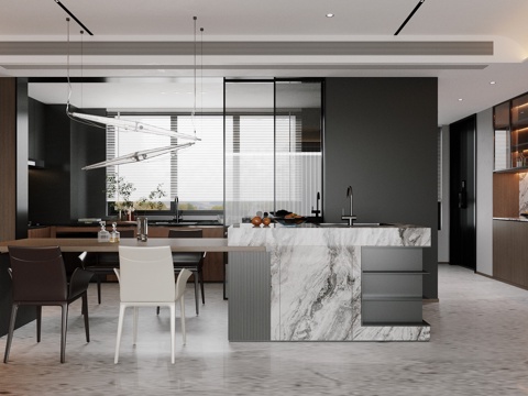 现代意式岛台餐厅 轻奢意式餐厅 开放式餐厅 岛台餐桌椅 餐椅su模型