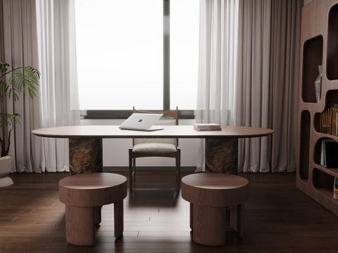 现代中古风书房 书桌椅su模型