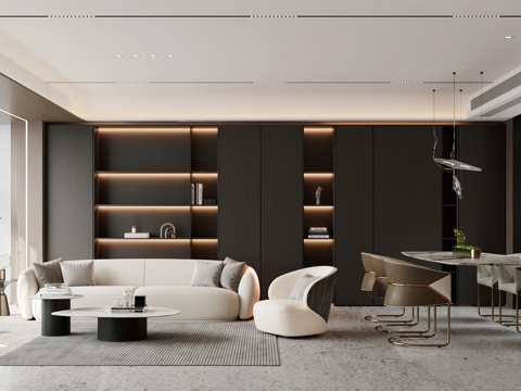 现代意式家居餐厅 轻奢意式餐厅 长桌餐厅 餐椅 黑白灰餐厅su模型