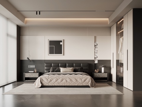 现代意式卧室 双人床 床头柜 衣柜su模型