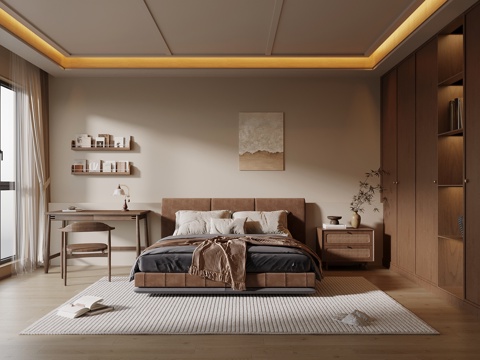 中古风卧室 床 衣柜 书桌椅su模型